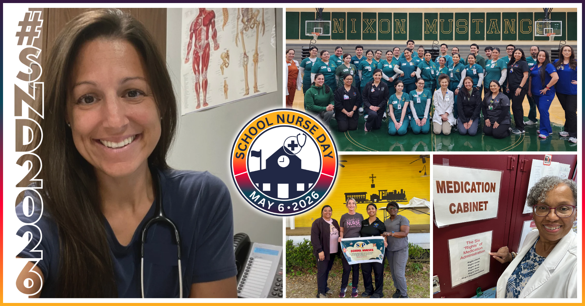 Collage of school nurses including two individual nurses, a group of four nurses, and a larger group, with the School Nurse Day logo centered.
